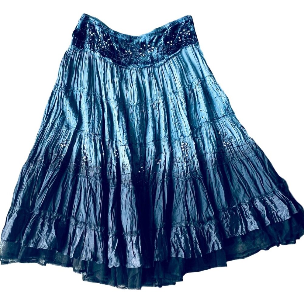 VTG Tokyo Blue Black Ombre Tiered Midi Boho Gypsy Skirt